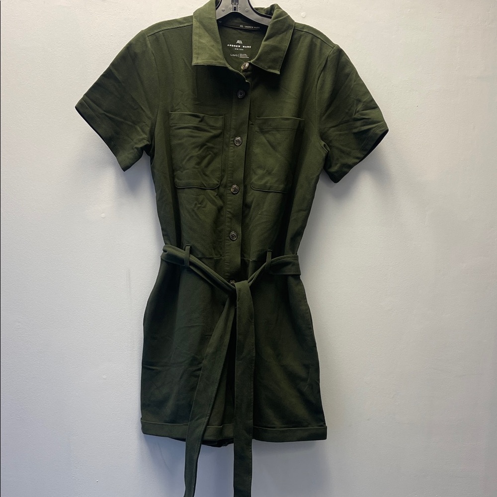 Andrew Marc Olive Green Knit Short Sleeve Romper with Button